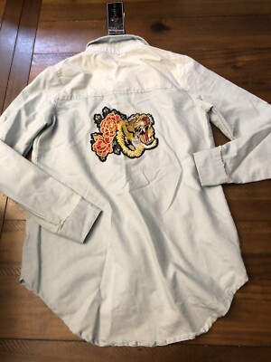 New Polly & Esther Women's Light Denim Shirt Back Tiger Patch Embroidery Size XS