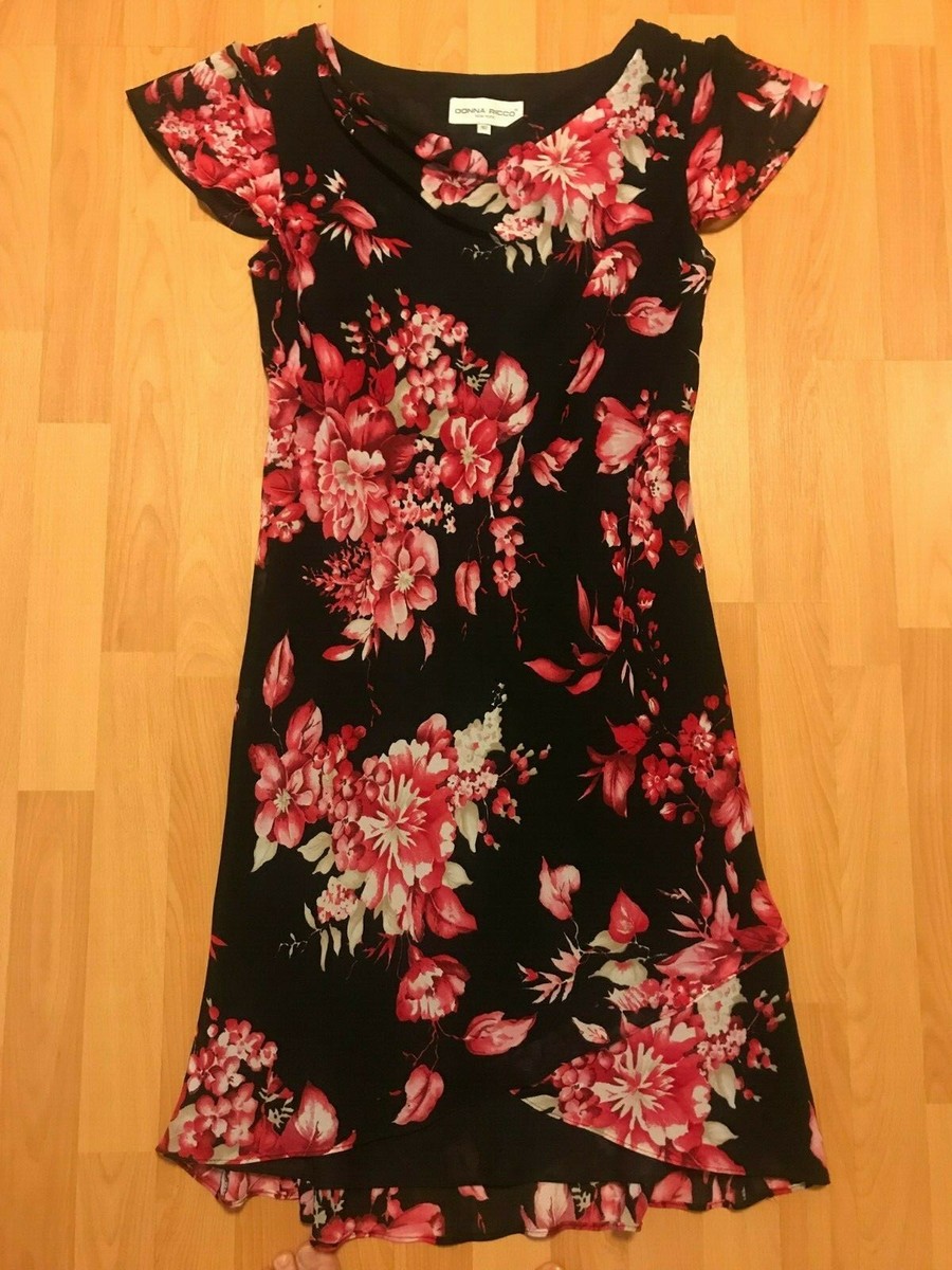 DONNA RICCO Black Pink Floral Short Sleeve Rayon Dress 10 Lined Flowing  Slip On | eBay