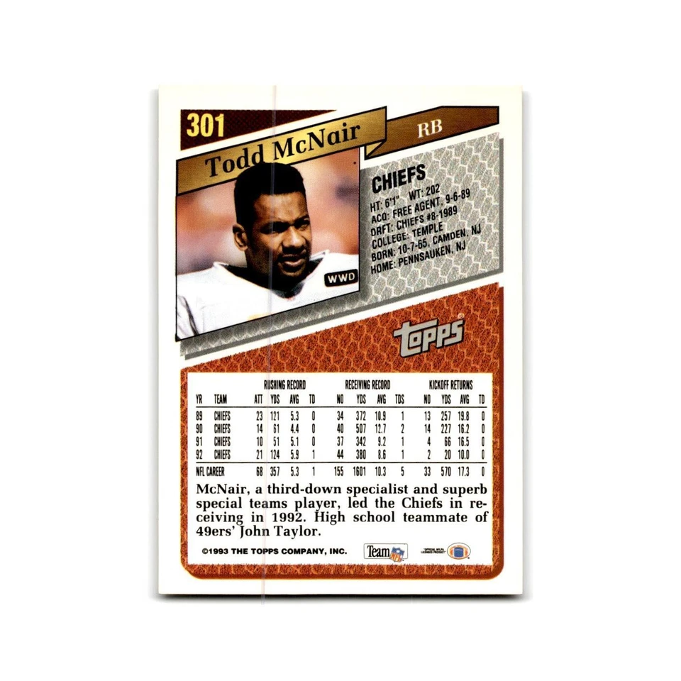 1993 Topps Todd McNair Chiefs #301 - Image 2 of 3