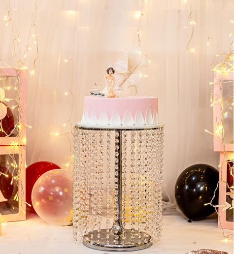 Round Metal Cake Stand with Crystal Pendants and Beads, 12 Inch Gold Cake Decora - Picture 3 of 7