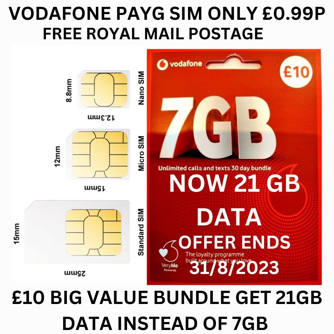 VODAFONE Sim Card Pay As You GO PAYG STANDARD MICRO NANO 21GB FOR £10