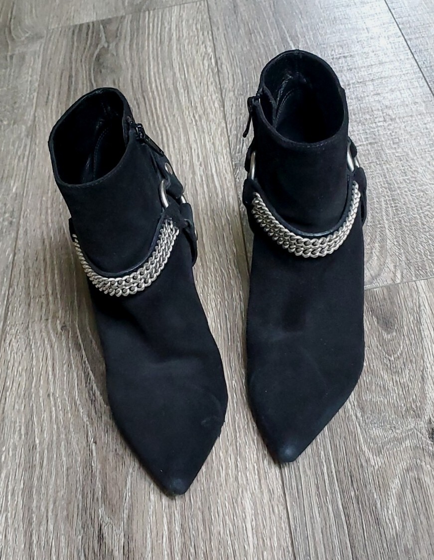 STIVALETTI SAINT LAURENT NERI IN PELLE SCAMOSCIATA DOPPIA CATENA.