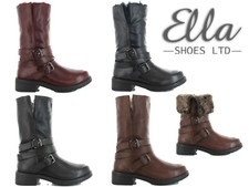 Ladies Ella Boots Faux Fur Low Heel Buckle Turn Down Mid Calf Winter Warm Shoes