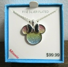 Disney Minnie Mouse Jewelry Rainbow Glitter Silver Plated Pendant Necklace 18"