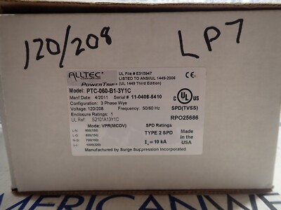 New Alltec Power Trip PTC-060-B1-3Y1C 3 Phase wye 120/208 SPD TVSS