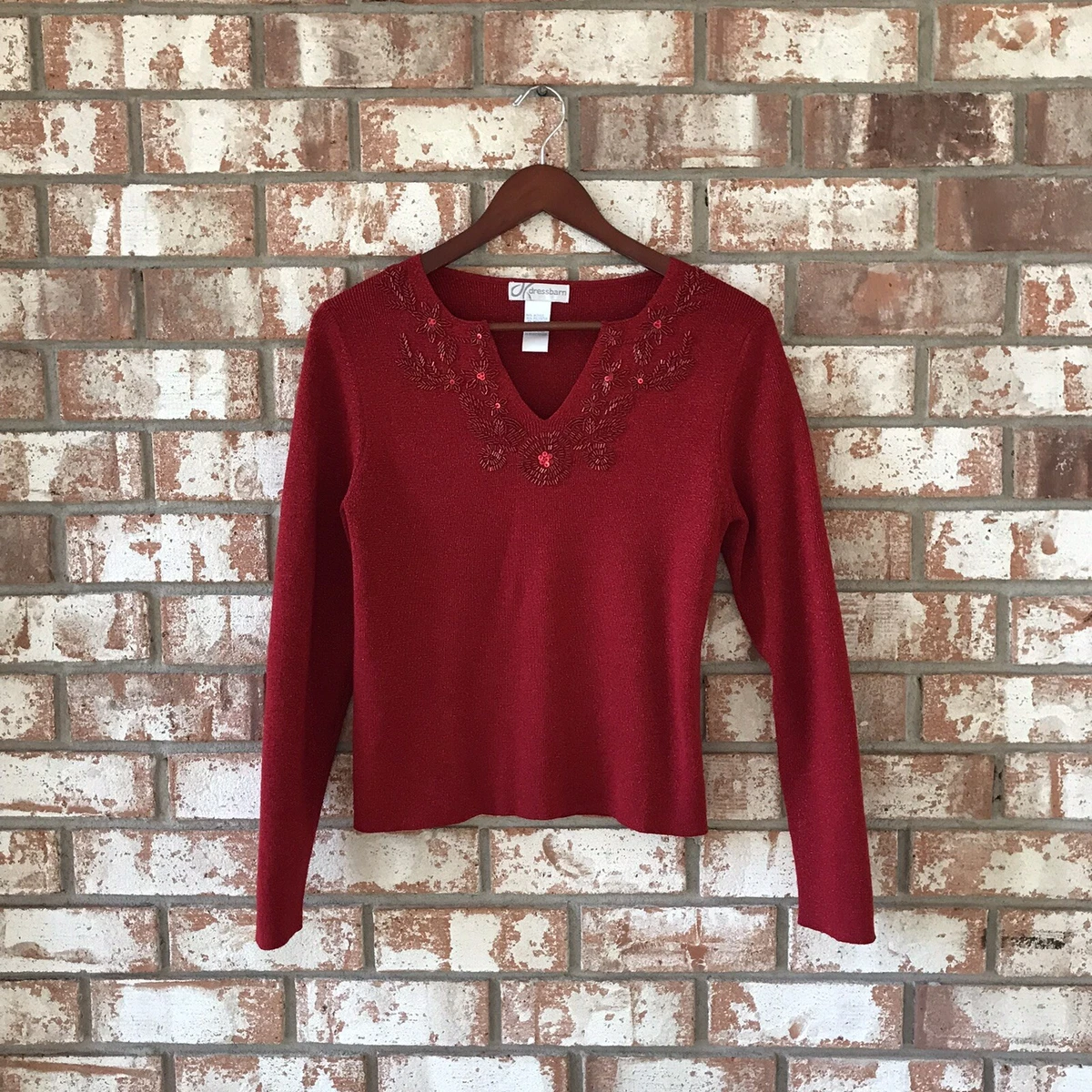 DRESS BARN RED LONG SLEEVE V NECK BEADED SWEATER. SIZE SMALL eBay