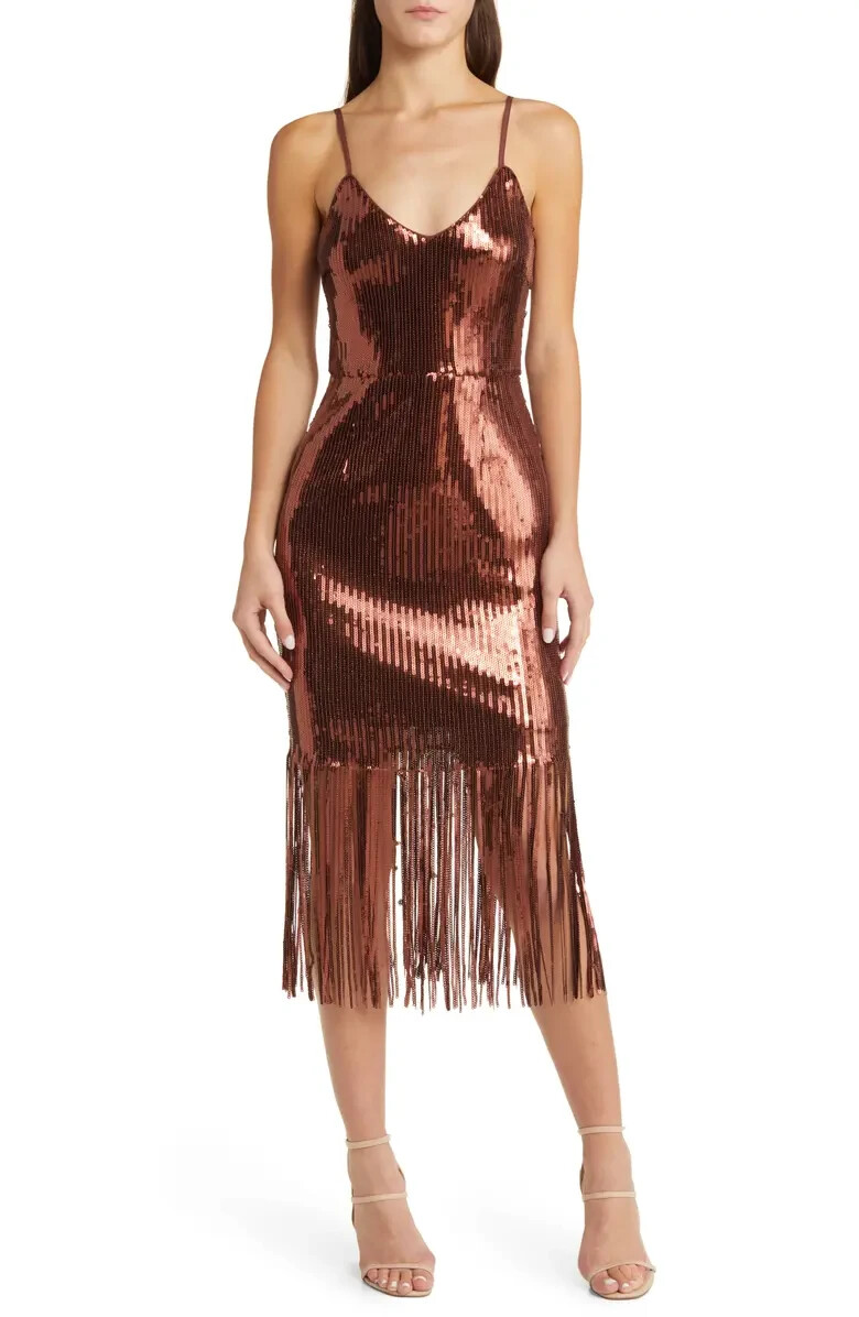 women's nanette lepore sleeveless sequin dress with fringe detail NANETTE LEPORE- Womens Sequin Fringe Cocktail Dress, size: 2, color: Copper
