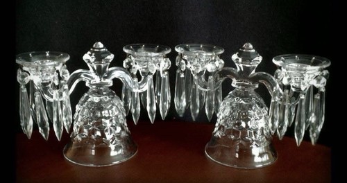 Pair Fostoria American #2056 Bell Double Candle Holders With Bobeches VHTF