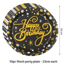 Black and gold Birthday Party decoration tablecloth balloons plate banner supply