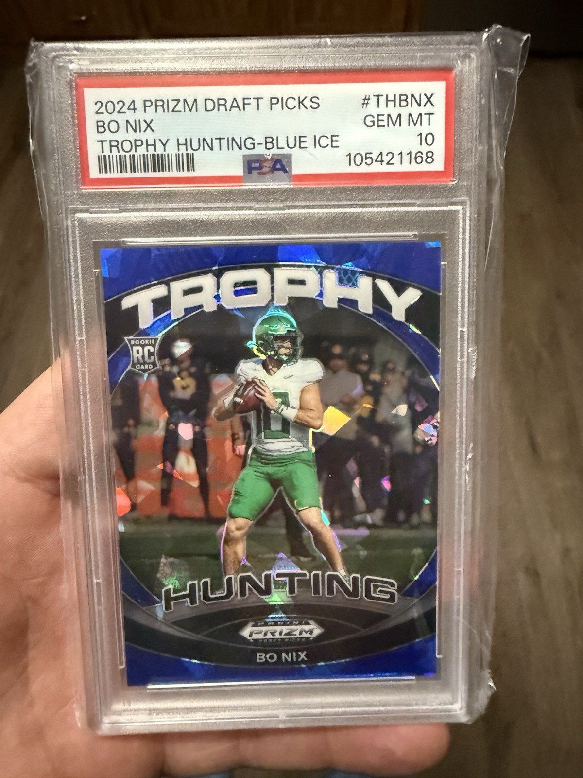 2024 Prizm Draft Picks Bo Nix Trophy Hunting Blue Ice /99 PSA 10 #THBNX Broncos