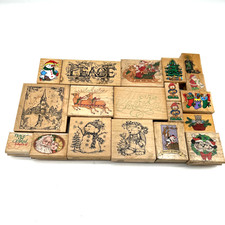 Rubber Stamp Craft Lot of 18 Wood Mounted Christmas Holiday Santa Peace