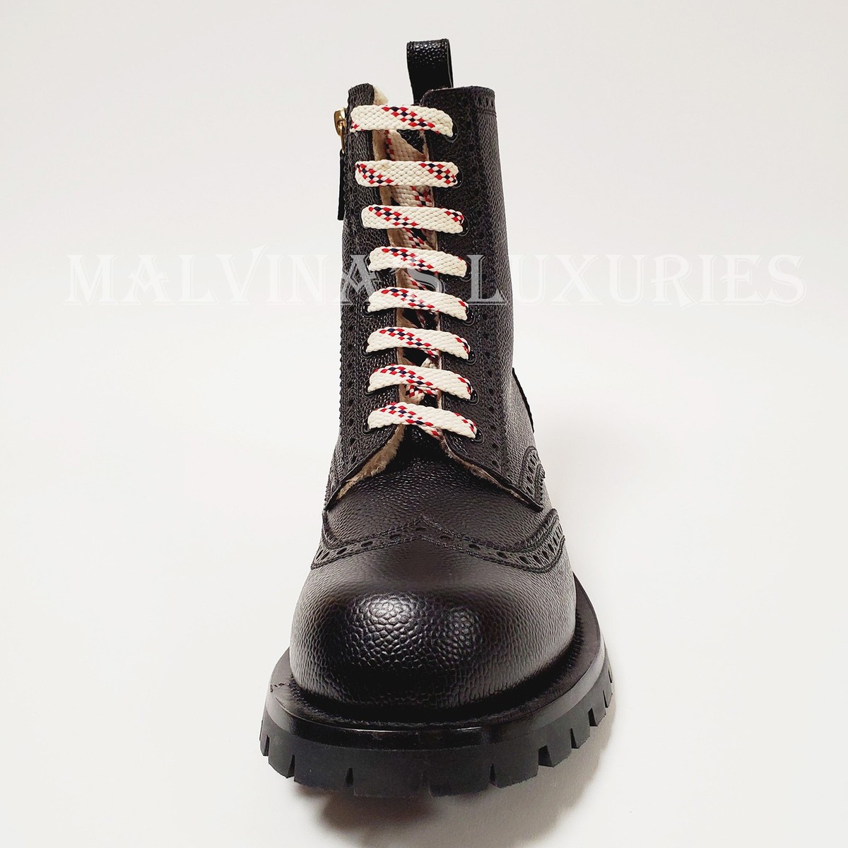 GUCCI BOOTS MENS ARLEY BLACK LEATHER BROGUE LACE-UP REAL SHEARLING