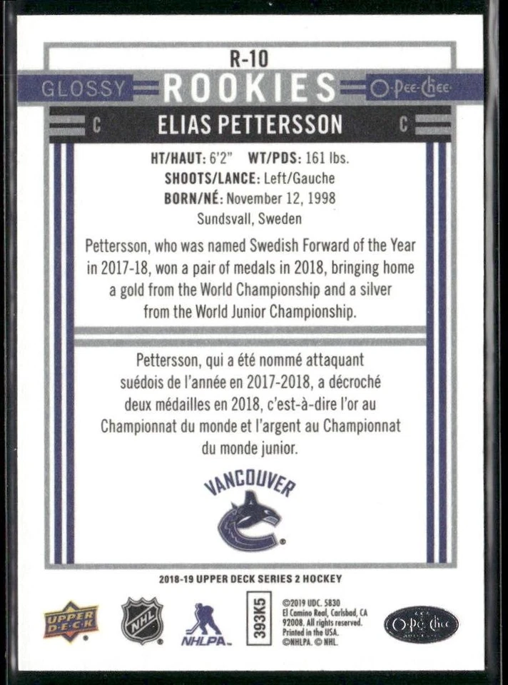 2018-19 Upper Deck Elias Pettersson O-Pee-Chee Glossy Rookies #R-10 Canucks - Image 2 of 2
