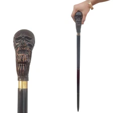 Handmade Walking Cane Asterom Bearded Skull Head Wooden Carved Gift Men, Women
