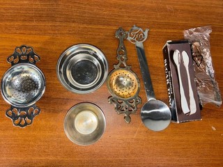 Lot Of 6 Vintage Tea Accessories Set With Strainer Sugar Tongs & Spoon Ornate