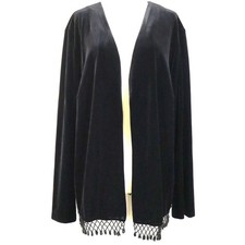 Vintage 90s Y2K Xcape Black Velvet Long Cardigan Jacket Party Beaded Fringe 2X