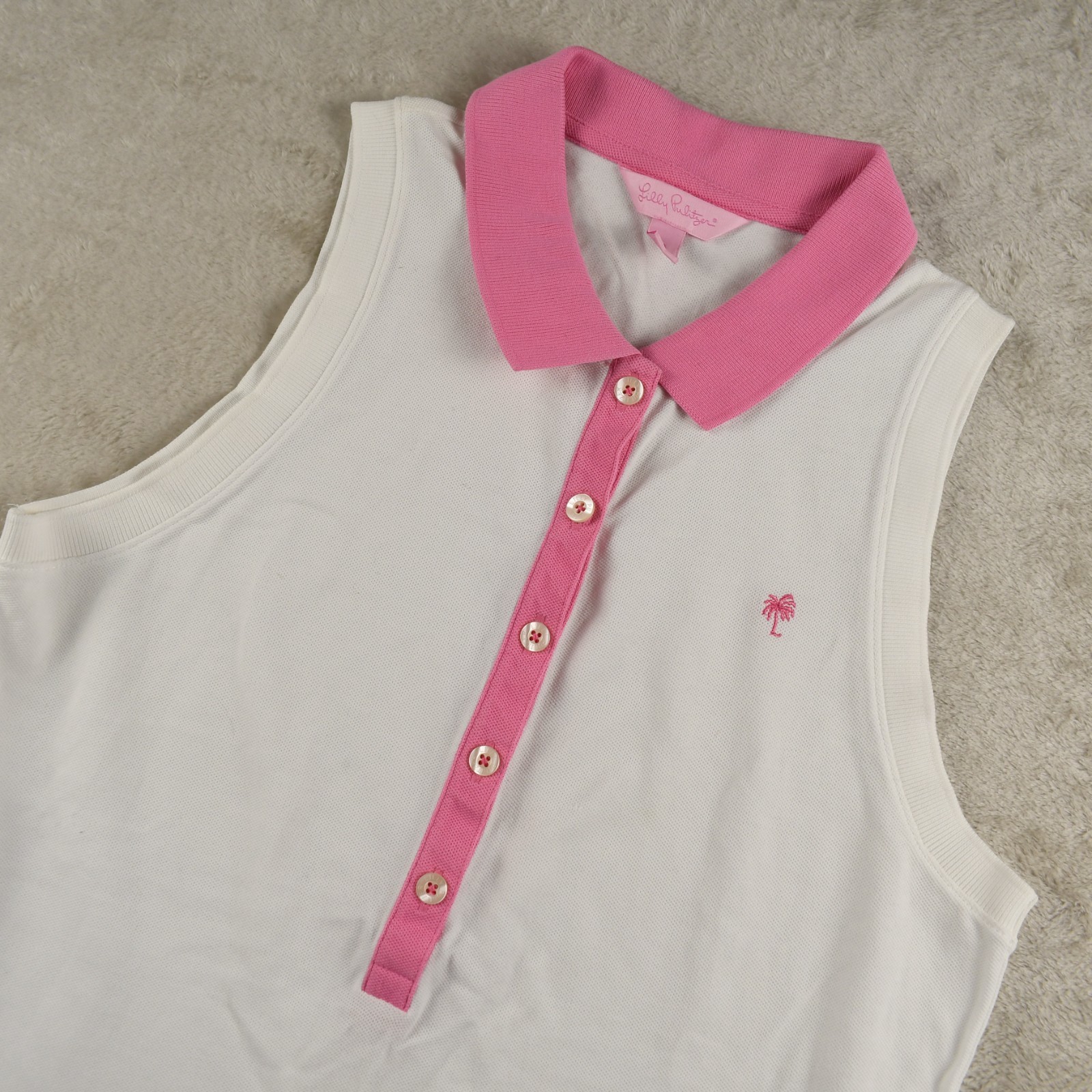 Lilly Pulitzer SZ Med Sleeveless Polo White With Pink Palm Tree Golf Tennis