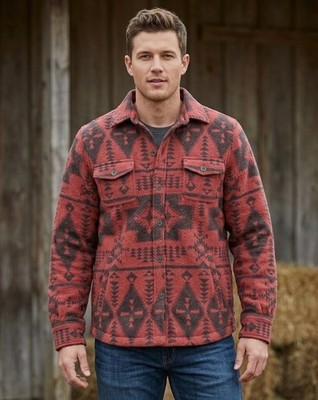 Ariat REAL Jacket Mens Medium Red Southwestern Quilted Flannel Lined Button