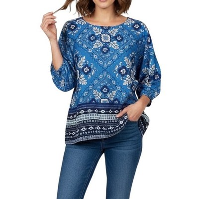 JOHNNY WAS LINEN BOATNECK BLOUSE CIENA PRINT SIZE L Cottage Bohemian Resortwear
