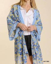 Umgee Sheer Floral Print Open Front Kimono With Crochet Detail Sky
