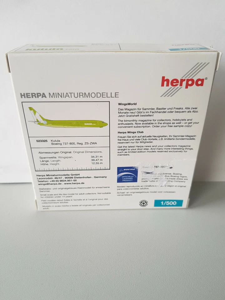 1:500 Herpa Wings 523325 Kulula Boeing 737-800 Reg. ZS-ZWA, NUOVO & IMBALLO ORIGINALE RARO - Immagine 4 di 4