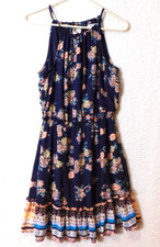 LOVE FIRE Floral Print Sleeveless Dress Ruffle Trim Strappy Lined Keyhole Size M