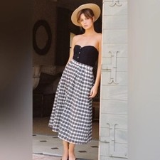 NWT ANTHROPOLOGIE MAEVE BLACK WHITE MIDI CIRCLE SKIRT SEMI SHEER LINED SIZE 8