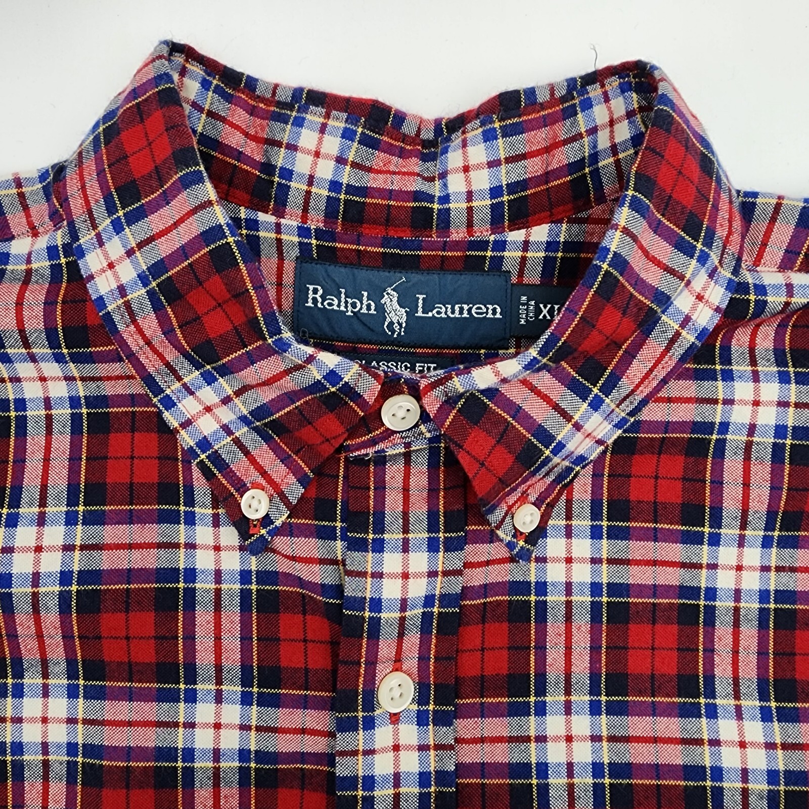 Ralph Lauren Button Up Shirt Mens XL Long Sleeve Red Blue Plaid Navy Pony Cotton thumbnail 4