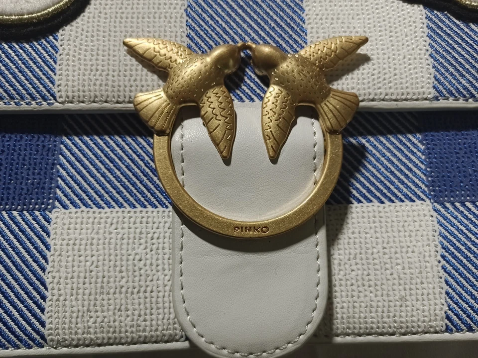 Bolso PINKO Azul Blanco Cuero a Cuadros Lentejuelas Love Me Tender Damier Cadena Solapa Foto 3 de 4