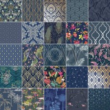 MIDNIGHT BLUE NAVY WALLPAPER GEOMETRIC METALLIC TROPICAL ANIMALS FLORAL TRELLIS