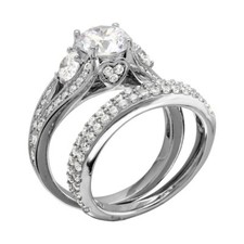 Sterling Silver 2-pcs Engagement Wedding CZ Ring Set w/ 6 mm 1 ct Center CZ