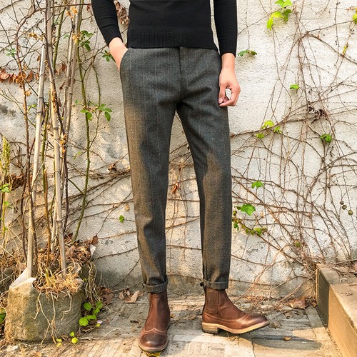 Men Check Plaid Wool Blend Dress Pants 
