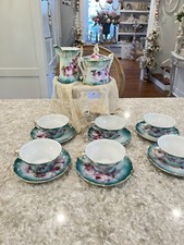 Limoges China 6 Tea Cups Creamer Sugar Bowl Porcelain Set Roses Gold Gilt Vtg