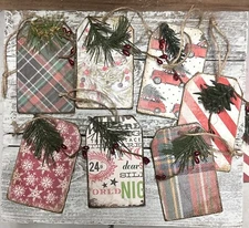 7 Primitive Wooden Wood Christmas Ornaments Ornies Hang Tags Gift Tree Present