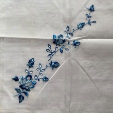 Handkerchief White Hankie Floral Flowers Blue Embroidered Square 10.5x11