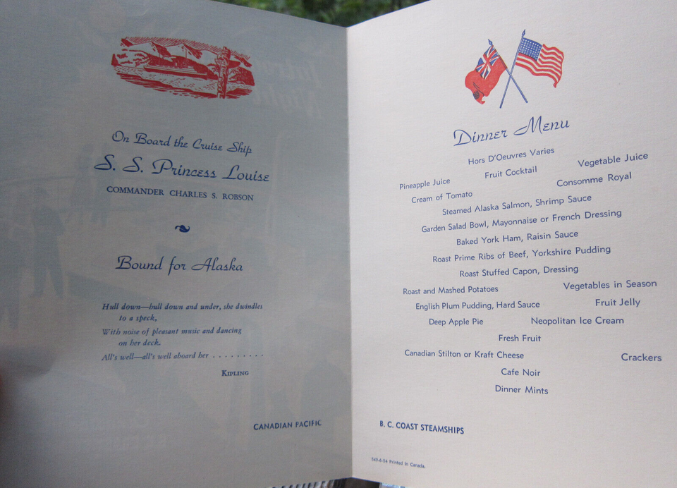 1954 Canadian Pacific B.C. Coast Steamship Menu S.S. Princess Louise