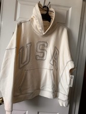   No Boundaries  Mens  USA  Hoodie Velour Sweatshirt,Cream w/Navy,Choice 2XL OR 3XL