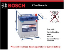 Car Battery S4030 Bosch 054H 330A 40Ah 4Yr Warranty 187x127x227