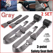 2 Retractable 3 Point Safety Gray Seat Belt Straps Vehicle Adjustable Belt Kit