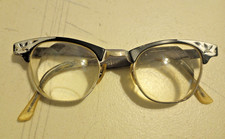 Vintage Art Craft Cat Eye Womens Eyeglasse Black Floral Etched 4 1/4 5 1/2