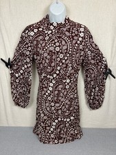 Mango Womens Inka Dress UK 10 M Maroon Paisley High Neck Long Sleeve Viscose