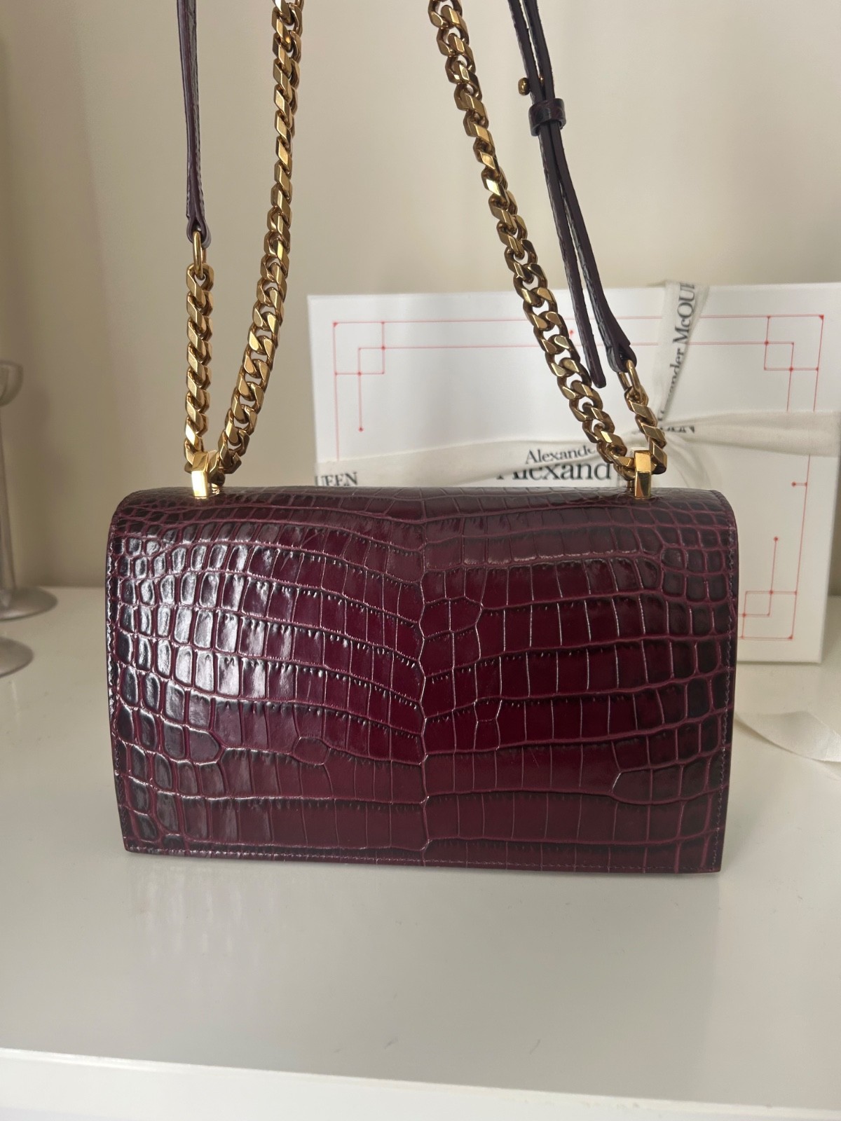 Alexander McQueen Croc Burgundy Leather Handbag, with iconic jewelled detailing image 5