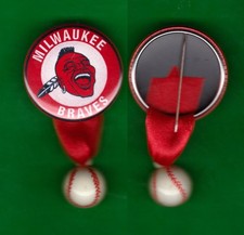 1957 Milwaukee BRAVES Retro Screaming Brave RP 1-3/4" PIN w/ Baseball Charms