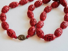 Antique Chinese Export Red Cinnabar Beaded Necklace 1 Strand Oval Capsule 19mm