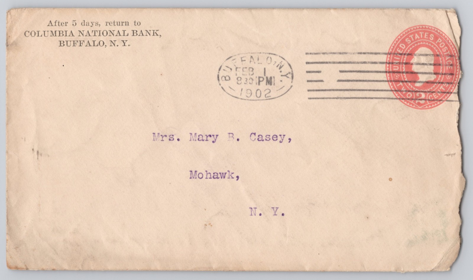 Buffalo, N.Y., Columbia Natl. Bank envelope, 2c indicia Un 1902