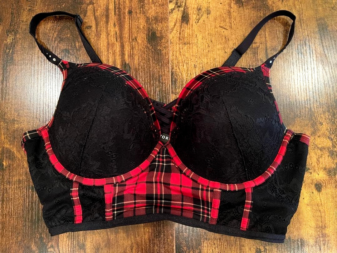 Torrid Womens Red/Black Plaid Padded/Underwire Plunge criss cross Bra Size 42D