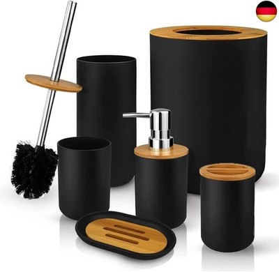 Tiamu 6 Pack Bamboo Bathroom Set, Toilet Brush with Soap Dispenser, Toothbrush