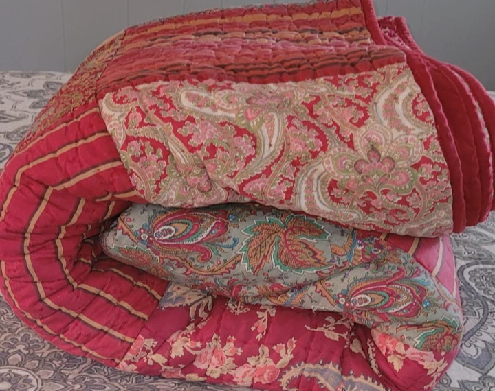 5 PC POTTERY BARN Georgia King Patchwork Quilt Bedspread Rev 4 Sham Red See Desc - Image 3 of 4