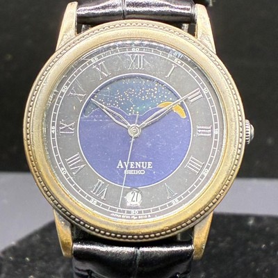 Seiko Avenue Quartz Moonphase Watch 34mm Mens Navy Dial Ref 6F34 