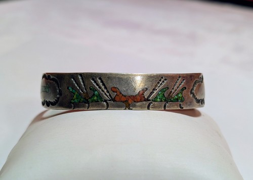 Vtg Navajo 1976 Bicentennial .925 Silver Cuff Bangle w/Turquoise Coral Inlay